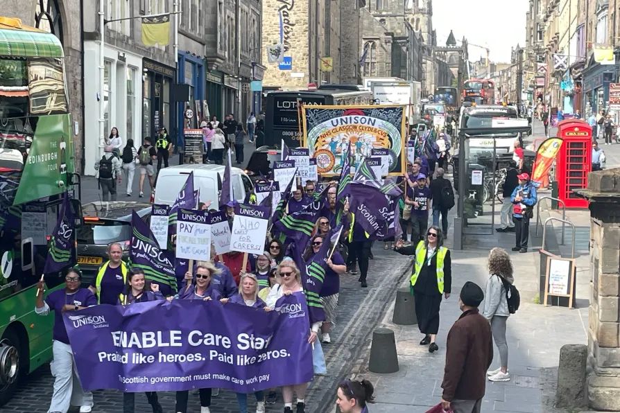 Striking UNISON care workers Enable Scotland march on Holyrood to demand collective bargaining and fair funding for fair work in social care. 
unsn.uk/44ex0vG