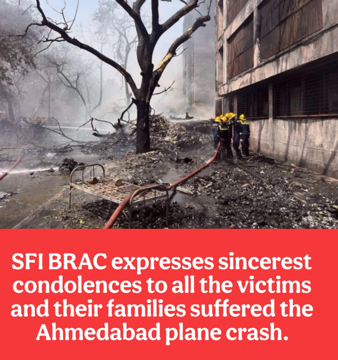 SfiBrac's tweet photo. Air India's Boeing 787 Dreamliner plane crashed shortly after takeoff from Ahmedabad's Sardar Vallabhbhai Patel International Airport on Thursday afternoon, killing 241 people. SFI BRAC expresses condolences to all those 241 people. 
#AhmedabadPlaneCrash #Al171 #AirIndiaTragedy https://t.co/MNiGesmWbd