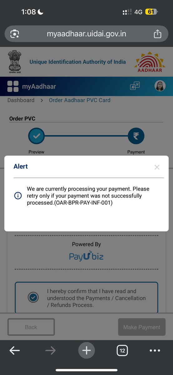 SoulExpertSalim's tweet photo. @UIDAI Unable to make payment for pvc card 
This has been happening for a a few days now.
Immediate resolution is expected https://t.co/94NkJhhUh0