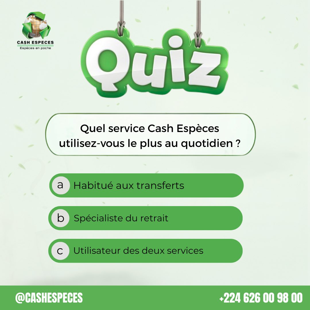 Avec Cash Especes, chacun a sa petite habitude 💼💸
Envoyer, retirer ou faire les deux, l’essentiel c’est que ça se passe vite et bien !

Merci de faire confiance à nos services chaque jour.

Cash Especes, Espèces en poche 

#CashEspeces #TransfertDargent #ChangeDevises #Guinée