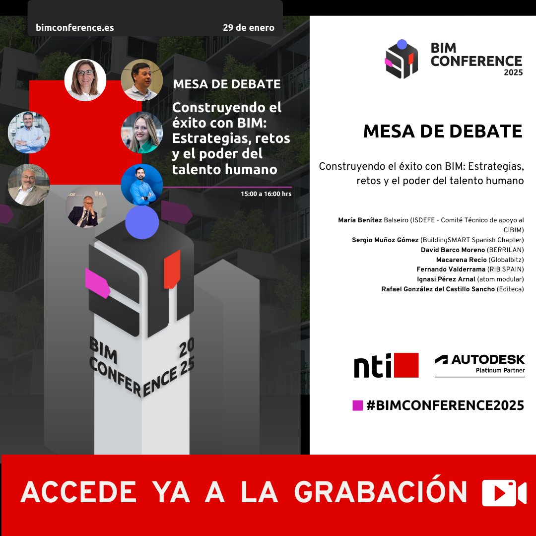 🎙️ GRABACIÓN Mesa de Debate: Construyendo el éxito con BIM

Estrategias, retos y talento humano en la implementación de BIM
Solicita acceso gratuito ⤵️
🔗 f.mtr.cool/qucrionaed
#BIMConference2025 #BIMConference #Autodesk#NTISpain #NTI #NTIGroup #BIM #TransformaciónDigital
