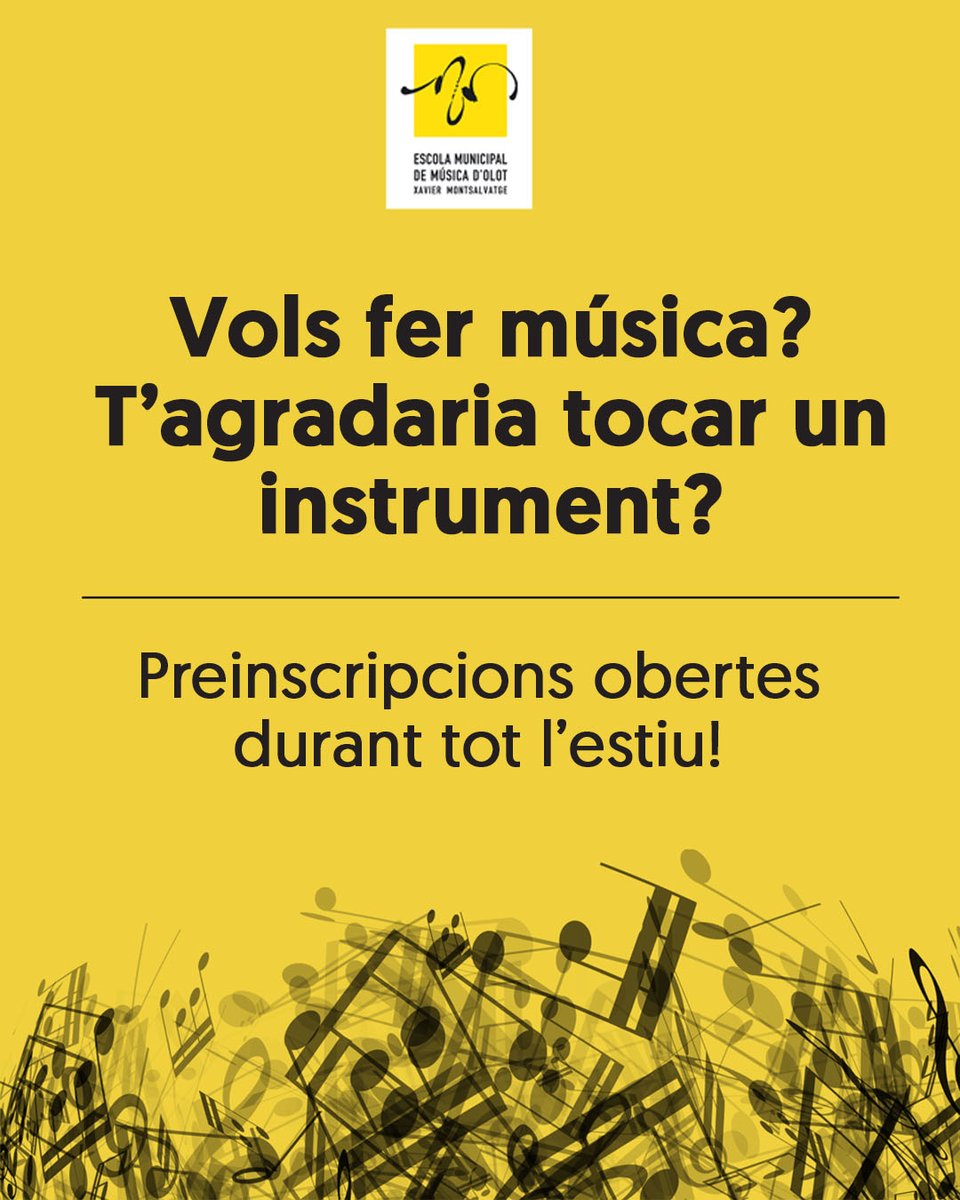 📢Inscripcions obertes! 🎷

🎸Vols tocar un instrument, fer cant coral, formar part d'un grup musical o viure la música en família? Vine a l'<a href="/emmoxm/">ESCOLA MUNICIPAL DE MÚSICA D'OLOT</a>!

🎻Hi ha activitats per a mainada, jovent i adults

Inscripció: emmo.gwido.cat/inscripcio_ciu…

Oferta: escolademusica.olot.cat/component/jdow…
<a href="/Olotuit/">Ajuntament d'Olot</a>