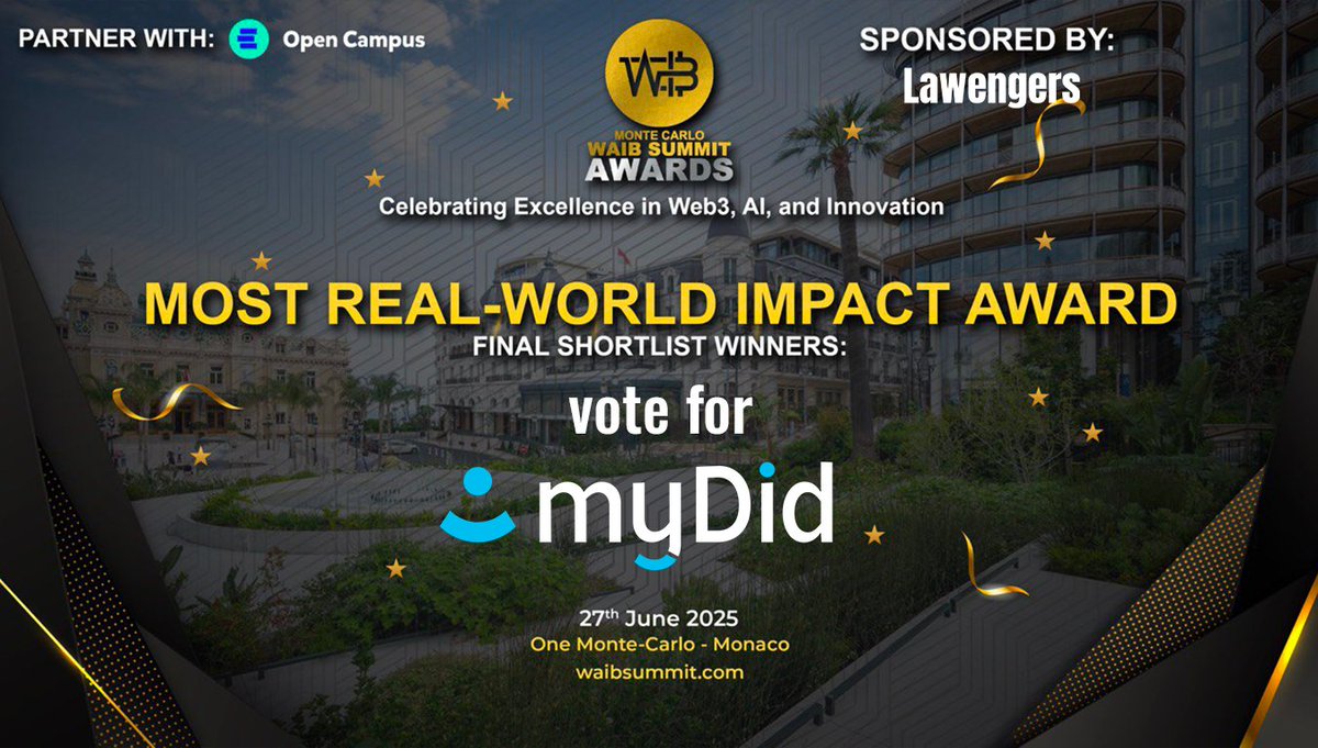 myDid (@mydid_en) on Twitter photo 🔵 Reminder: WE NEED YOUR VOTES 🗳️
#myDid has been selected as one of the top innovators at the <a href="/waibsummit/">WAIB Summit</a>.
🗳️ You can vote for us from now until 20th June 2025
👉 Vote Now: waibsummit.newcampus.com
#Innovation #FrenchTech #DigitalIdentity 🔵 Reminder: WE NEED YOUR VOTES 🗳️
#myDid has been selected as one of the top innovators at the <a href="/waibsummit/">WAIB Summit</a>.
🗳️ You can vote for us from now until 20th June 2025
👉 Vote Now: waibsummit.newcampus.com
#Innovation #FrenchTech #DigitalIdentity