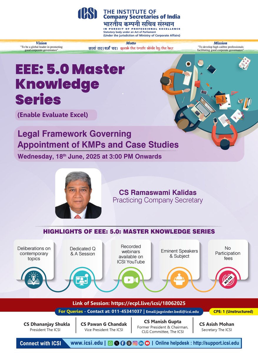 icsi_cs's tweet photo. #ICSI EEE 5.0-Webinar on #Legal Framework #Governing Appointment of #KMPs on June 18, 2025 at 3:00 PM. Watch live @ https://t.co/dchcO22qzw https://t.co/48flg5WE6H