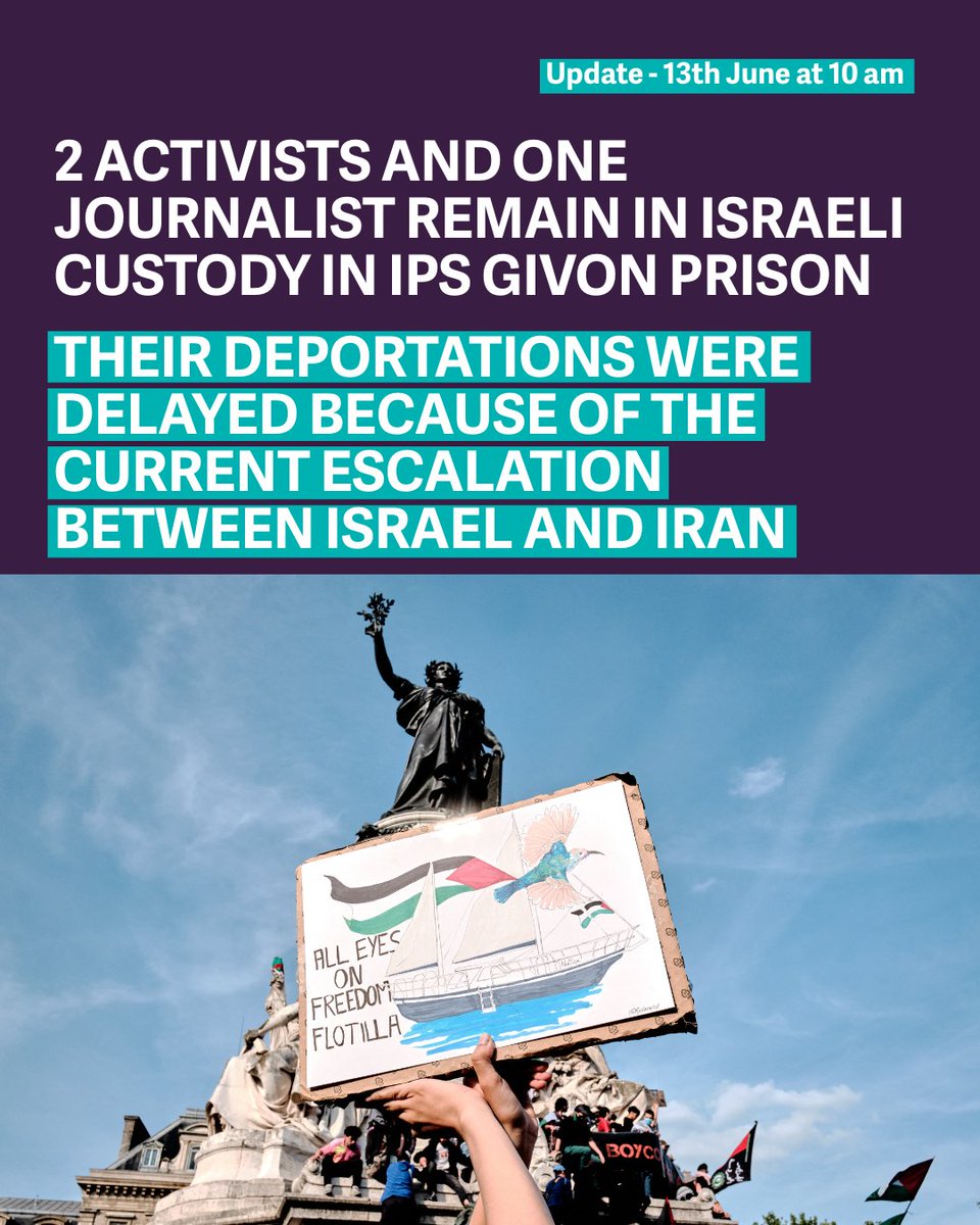 FIDH (@fidh_en) on Twitter photo 🔴#Update : Two volunteers — Marco van Rennes (The Netherlands), Pascal Maurieras (France), and the journalist <a href="/yanmdi/">Yanis Mhamdi</a> (France) from <a href="/blast_france/">BLAST, Le souffle de l'info</a> — remain in custody at Givon Prison under the Israel Prison Service (IPS).
Due to the current escalation between #Israel and #Iran, 🔴#Update : Two volunteers — Marco van Rennes (The Netherlands), Pascal Maurieras (France), and the journalist <a href="/yanmdi/">Yanis Mhamdi</a> (France) from <a href="/blast_france/">BLAST, Le souffle de l'info</a> — remain in custody at Givon Prison under the Israel Prison Service (IPS).
Due to the current escalation between #Israel and #Iran,