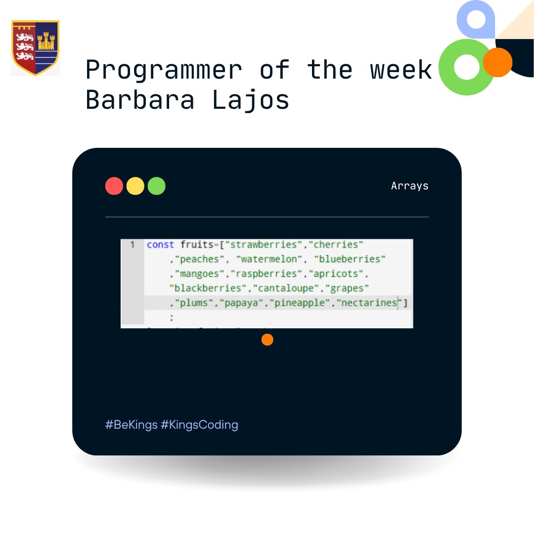 PATKingsSchool's tweet image. ๐ป Congratulations to our Programmer of the Week, Barbara Lajos. ๐ป #Arrays #KingsCoding #ProgrammerOfTheWeek