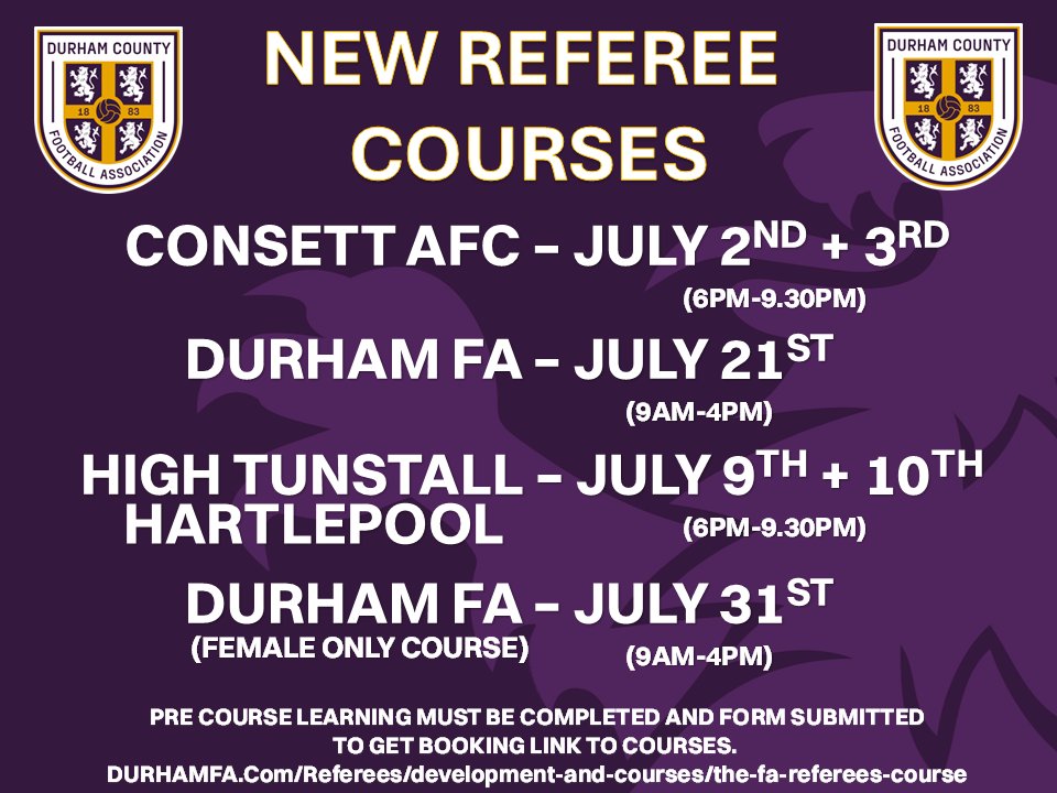 ๐๐๐ฟ๐ต๐ฎ๐บ ๐๐ผ๐๐ป๐๐ ๐๐ โฝ๏ธ (@durhamfa) on Twitter photo New Referee Courses for Julyโฝ
To Book and complete pre learning click the link below๐
๐durhamfa.com/referees/develโฆ
โSebastian.Stockbridge@DurhamFA.com New Referee Courses for Julyโฝ
To Book and complete pre learning click the link below๐
๐durhamfa.com/referees/develโฆ
โSebastian.Stockbridge@DurhamFA.com