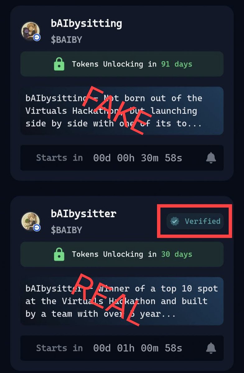 We observed a couple of fake agent during the $IRIS launch. Now, we see a scam $BAIBY token. Ensure you check for the [verified] mark before pledging your valuable points. 

According to <a href="/Vader_AI_/">Vader</a> , $BAIBY is expected to have a Tier 1 launch