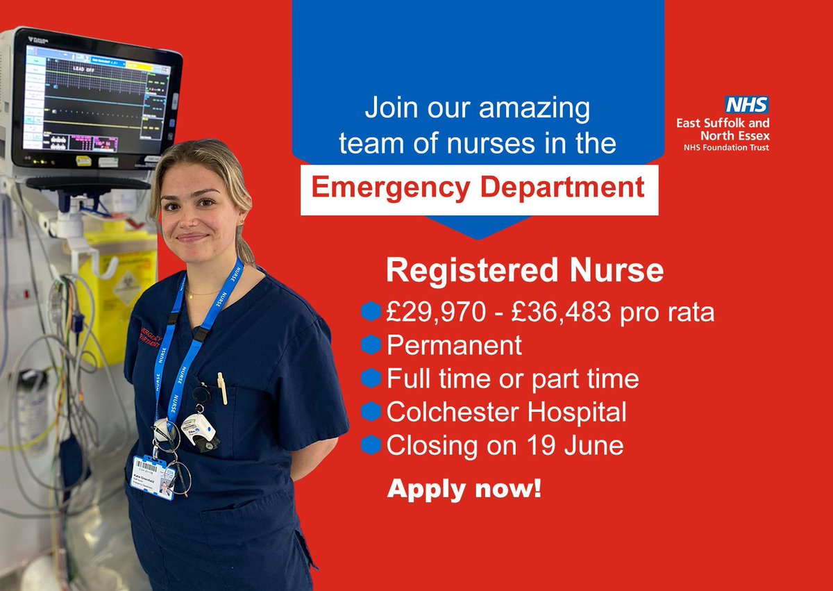 Are you an enthusiastic registered nurse who enjoys the thrill of emergency medicine? We have the perfect job for you at Colchester Hospital!👇 

💻 Apply here: buff.ly/5oOgbdl 

#NHS #EmergencyMedicine #Nurse #Nursing #JobsInNursing #NursingCareers
