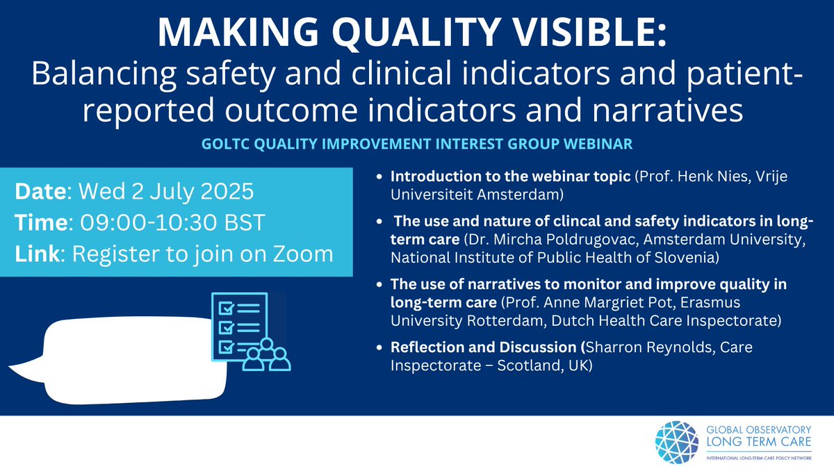 GlobalObLTC's tweet image. Making quality visible: balancing safety + clinical indicators and patient-reported outcome indicators + narratives 🗨️

JOIN US on Wed 2 July for a webinar on #Quality in #LongTermCare, feat. Henk Nies, @MPldrg, Anne Margriet Pot + Sharron Reynolds: 👉
lse.zoom.us/meeting/regist…