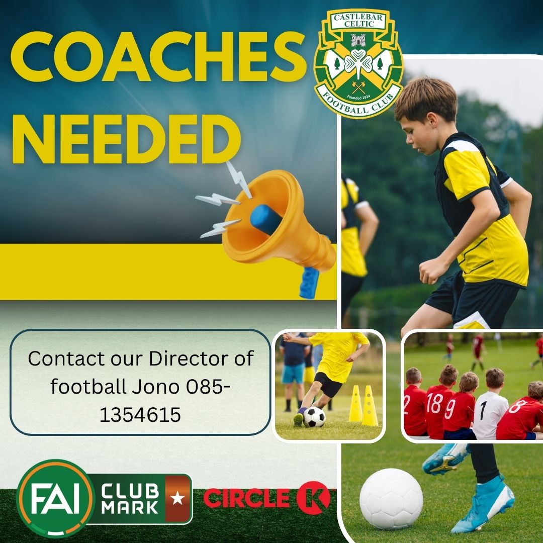 Join the Castlebar Celtic Coaching Team! 
Do you love football and enjoy inspiring others? Castlebar Celtic is looking for passionate, committed individuals to join our coaching family! Whether you're experienced or just starting out, there’s a place for you to grow, learn