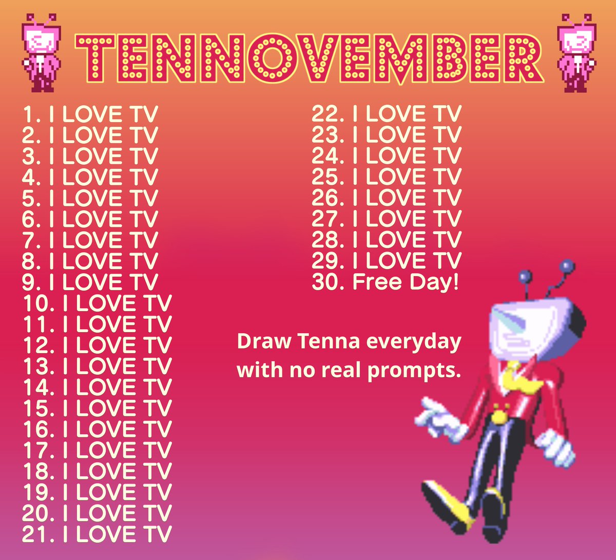 We're doing this again (and it happens immediately after spamtober)
This time you can choose between real prompts or shitpost no prompt list. cuz why not. Bookmark this for later if you'd like
#Tennovember #deltarunespoilers