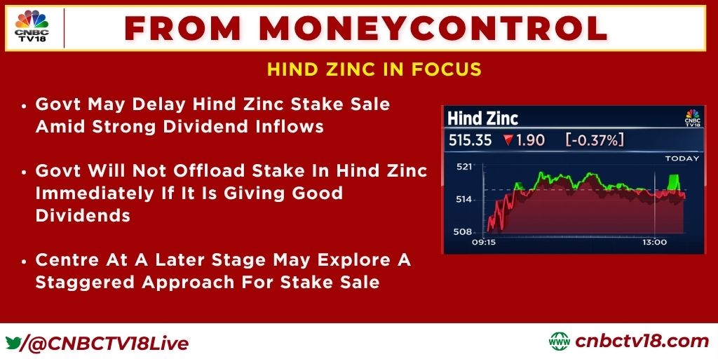 CNBCTV18Live's tweet photo. #FromMoneycontrol | Hind Zinc in focus:

▶️Govt may delay co’s stake sale amid strong dividend inflows

▶️Centre at a later stage may explore a staggered approach for stake sale https://t.co/R5WBQFV20L