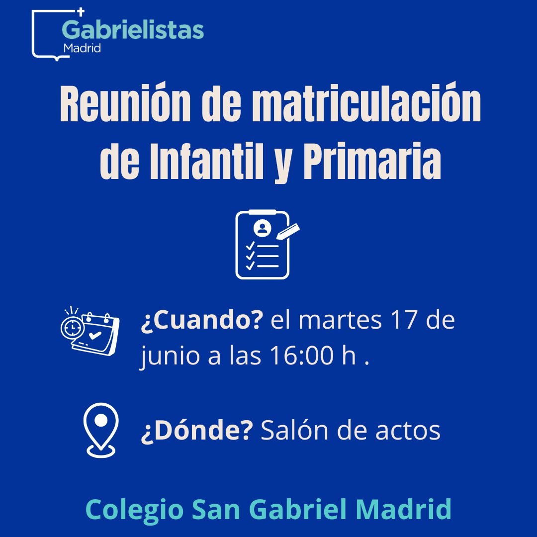 📢 Reunión de matriculación de Infantil y Primaria:
🗓️ Martes 17 de junio
🕓 16:00 h
📍 Salón de actos
¡Os esperamos para resolver dudas y acompañaros en esta nueva etapa! 👨‍🏫👩‍🏫