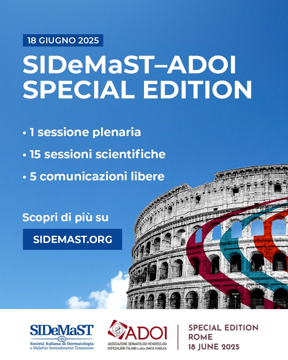 La Special Edition di SIDeMaST-ADOI si avvicina:
📍 1 sessione plenaria
🔬15 sessioni scientifiche
📣 5 comunicazioni libere 

📅 18.06.2025 - Centro Congressi La Nuvola

🔗 Scopri tutti i dettagli su sidemast.org

#SIDeMaST #congressodermatologia #SpecialEdition2025