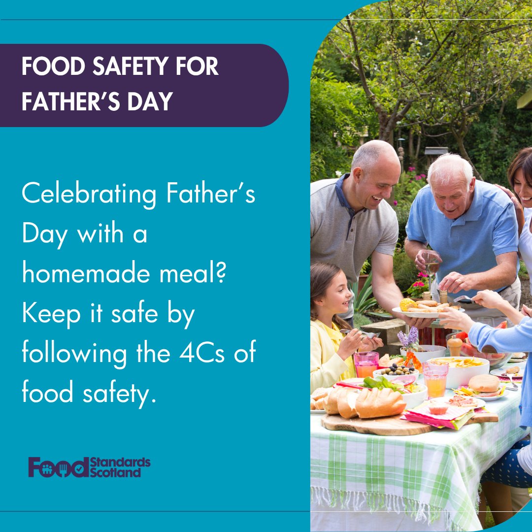 Cooking for Dad this Father’s Day? Keep it safe with the 4Cs of food safety: 

🍳 Cook thoroughly 
❄️ Chill properly 
🧼 Clean hands &amp; surfaces 
🔀 Avoid cross-contamination 

👉 More tips: bit.ly/3FdRRpc 

#FoodSafety #FathersDay