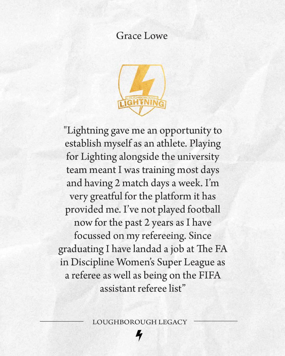 𝐋𝐈𝐆𝐇𝐓𝐍𝐈𝐍𝐆 𝐋𝐄𝐆𝐀𝐂𝐘 #𝟒

Next up is Loughborough alumni and FIFA International Referee, Grace Lowe.

With 28 appearances for Loughborough Lightning’s debut 2021-22 season Grace has now gone on to referee for FIFA and work in the FA 👏💜