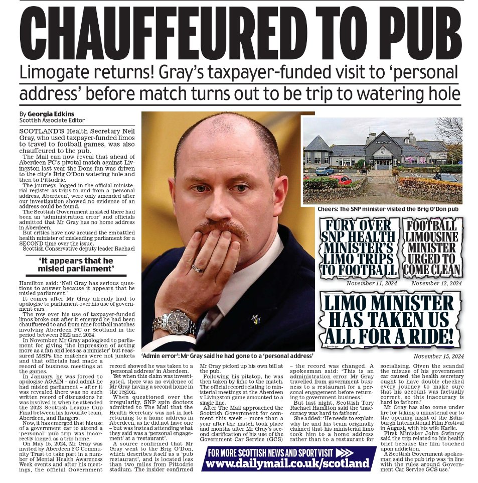 Neil Gray used public money for chauffeur driven limo rides to the pub — and then tried to hide it.

This is a clear abuse of public trust and a misuse of taxpayers' money.

Why hasn’t he been sacked?