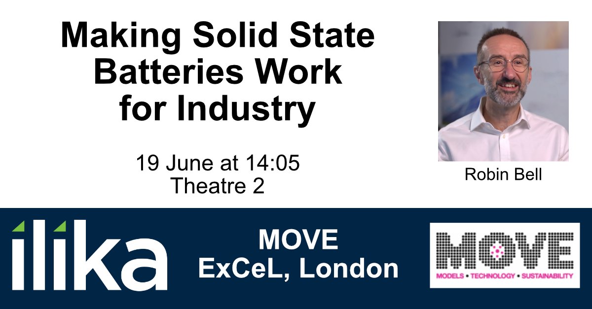 If you're at #MOVE25 next week, pop by Theatre 2 on Thursday at 14:05 to hear Robin Bell present Making Solid State Batteries Work for Industry. #solidstatebatteries #batteries