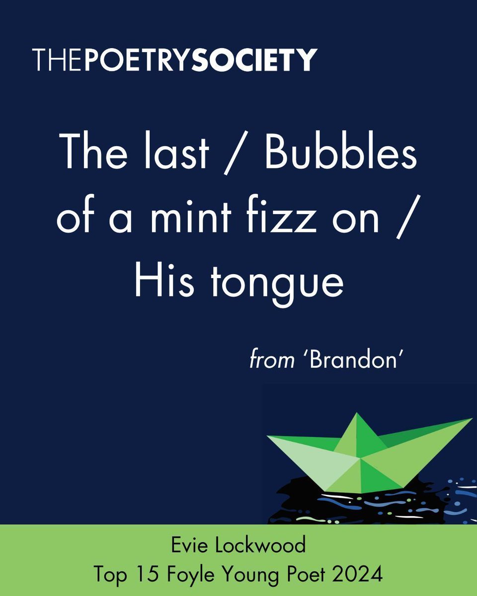 PoetrySociety's tweet image. An extract from Evie Lockwood's 'Brandon', a winning poem in the Foyle Young Poets of the Year Award 2024.
Read the full poem at poems.poetrysociety.org.uk/poems/brandon/
If you're a poet aged 11-17, enter this year's competition by 31 July at foyleyoungpoets.org