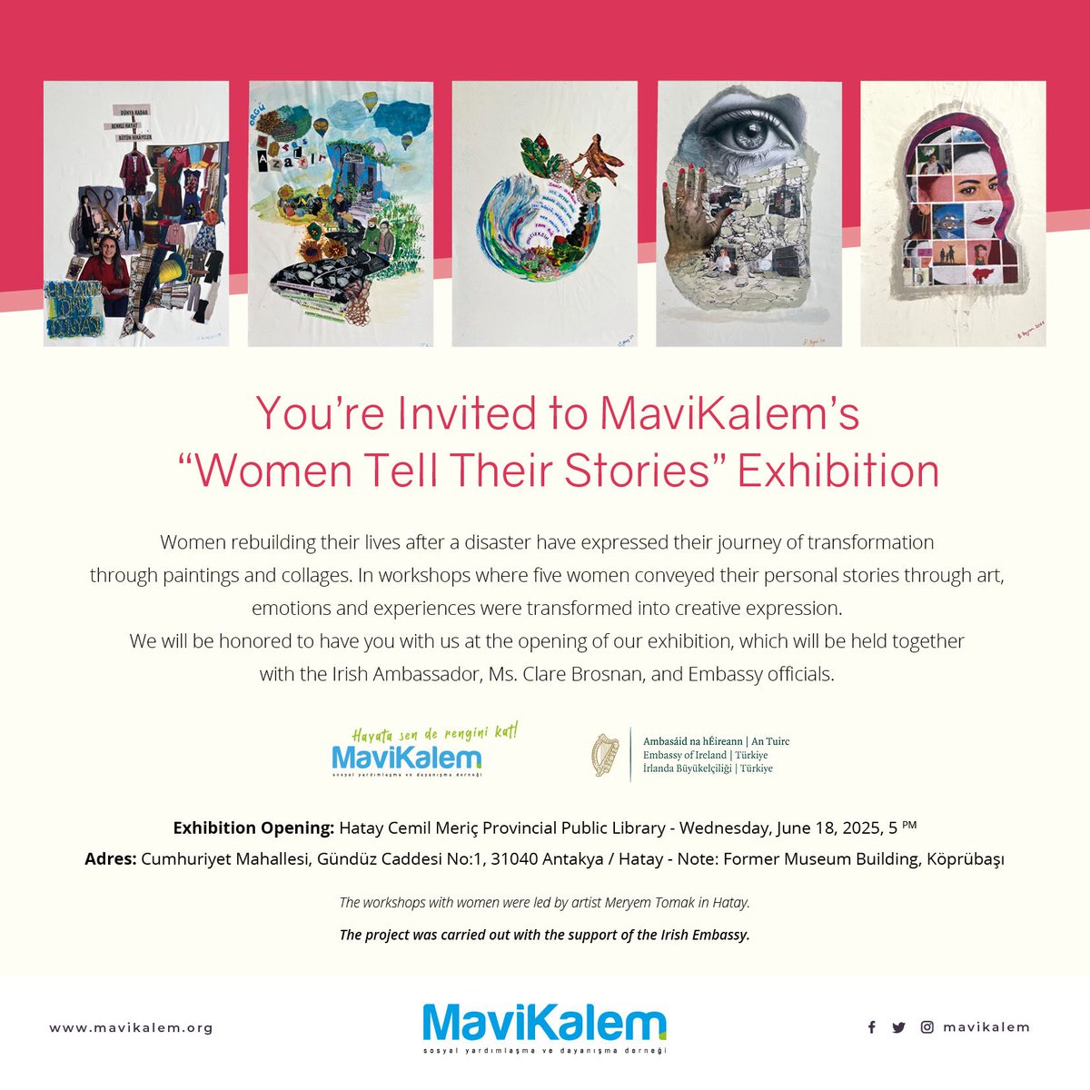 Mavi Kalem Derneği (@mavikalem) on Twitter photo Kadınlar Hikâyelerini Anlatıyor — Hatay’da!
Sanatla kurulan hikâyeler izleyiciyle buluşuyor.
Women Tell Their Stories — now in Hatay.
<a href="/IrlEmbAnkara/">Embassy of Ireland in Türkiye</a> thank you
#KadınlarHikâyeleriniAnlatıyor #WomenTellTheirStories #Hatay #ArtForHealing Kadınlar Hikâyelerini Anlatıyor — Hatay’da!
Sanatla kurulan hikâyeler izleyiciyle buluşuyor.
Women Tell Their Stories — now in Hatay.
<a href="/IrlEmbAnkara/">Embassy of Ireland in Türkiye</a> thank you
#KadınlarHikâyeleriniAnlatıyor #WomenTellTheirStories #Hatay #ArtForHealing