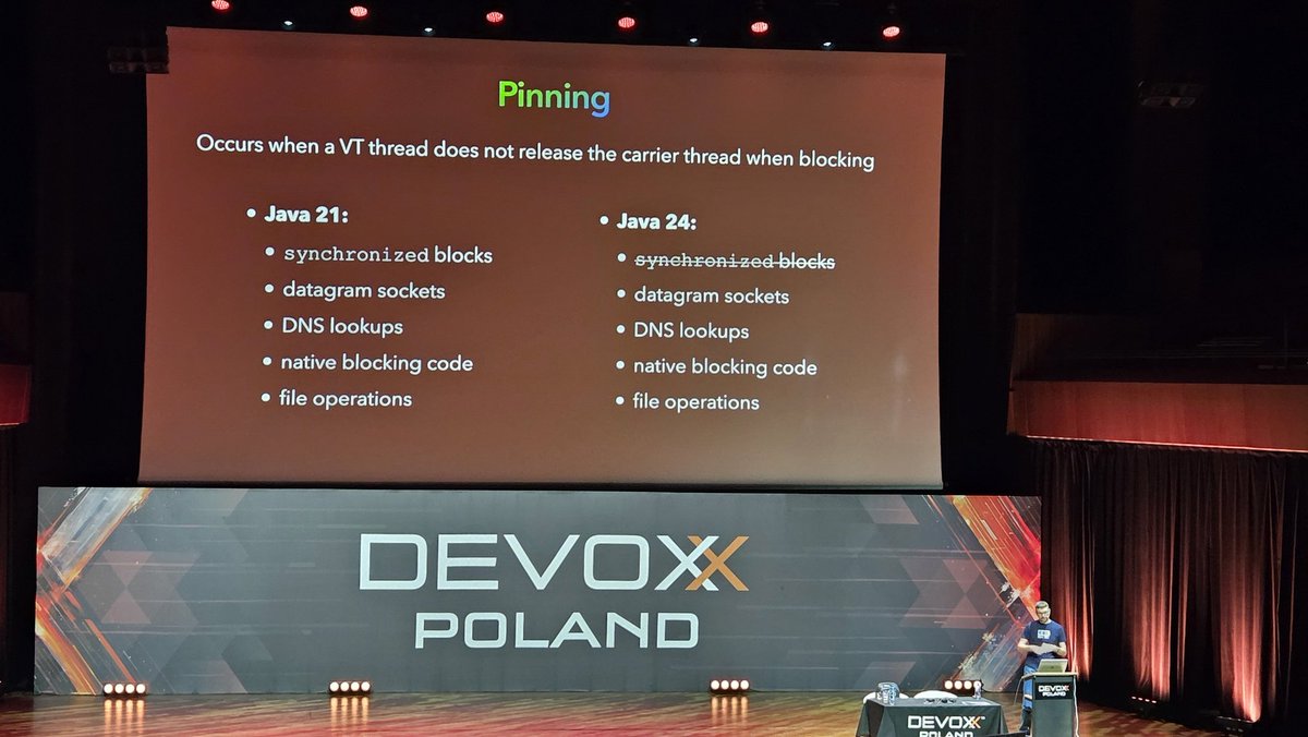 NSilnitsky's tweet image. @adamwarski thinks some pinning issues with Java virtual threads will never be solved. 

Have you noticed any noticable impact on your production deployment? how do you solve blocked operations? 

#DevoxxPL #virtualThreads #Java