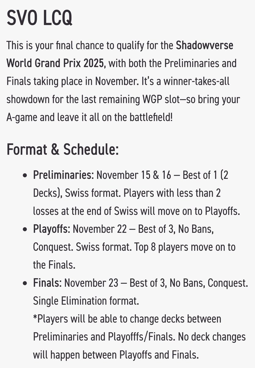 ignideus's tweet photo. UPDATE REGARDING COMPETITIVE SHADOWVERSE WORLDS BEYOND

At least for the SVO circuit, the vast majority of competition is best of 3, NOT best of 1 - Bo1 only for Swiss

Should've led with this! The presentation yesterday was so misleading https://t.co/rcTEzpCbRN
