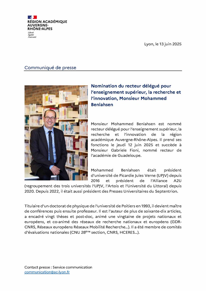 Région académique AURA (@regionacaura) on Twitter photo Communiqué de presse suite à la nomination du recteur délégué pour l'enseignement supérieur, la recherche et l'innovation, Monsieur Mohammed Benlahsen.
Il succède à Monsieur Gabriele Fioni, nommé recteur de l'<a href="/AcGuadeloupe/">Académie de la Guadeloupe</a>. Communiqué de presse suite à la nomination du recteur délégué pour l'enseignement supérieur, la recherche et l'innovation, Monsieur Mohammed Benlahsen.
Il succède à Monsieur Gabriele Fioni, nommé recteur de l'<a href="/AcGuadeloupe/">Académie de la Guadeloupe</a>.