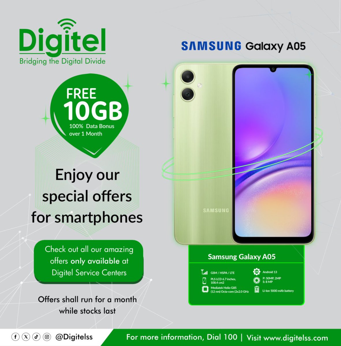 Digitel South Sudan (@digitelss) on Twitter photo Unlock unbeatable value with Digitel!
Get the Samsung Galaxy A05 and enjoy a FREE 10GB data bonus (100% data for 1 month)! Available exclusively at Digitel Service Centers, but hurry, offers run for a month or while stocks last! Dial 100 for more info
#098Khalas Unlock unbeatable value with Digitel!
Get the Samsung Galaxy A05 and enjoy a FREE 10GB data bonus (100% data for 1 month)! Available exclusively at Digitel Service Centers, but hurry, offers run for a month or while stocks last! Dial 100 for more info
#098Khalas
