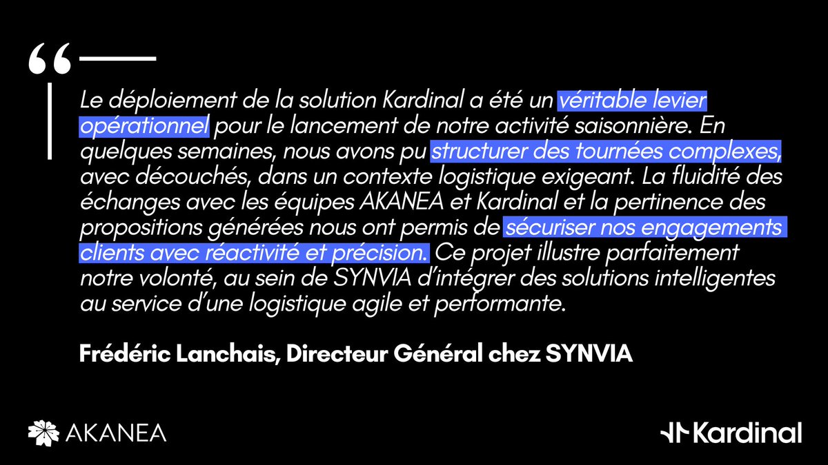 💥 SYNVIA, 1er client à bénéficier de l’intégration @akanea_dev x <a href="/kardinalai/">Kardinal</a> ! Pour une activité ultra-saisonnière, une solution unifiée TMS + ARO a été déployée en &lt;1 mois pour optimiser les tournées de PL 🚛 Merci aux équipes pour leur confiance !