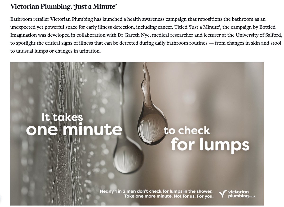 Awesome to see our “Just a minute” campaign with Victorian Plumbing featured in the PRWeek UK roundup this week!

Our research showed nearly 50% of men don’t check for lumps in the bathroom and spending just one more minute in there could help you spot something early on.