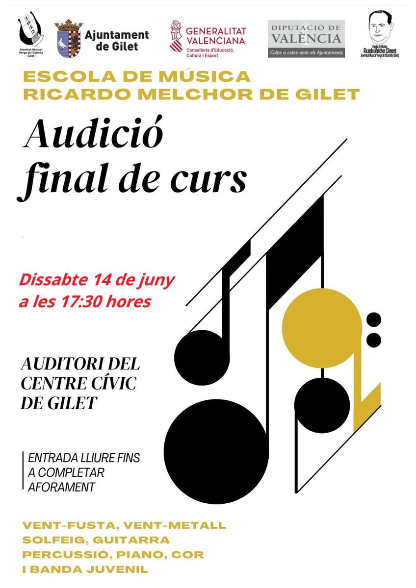 La junta gestora de la banda convida a tots els veïns i veïnes a l'audició de l'Escola Música Ricardo Melchor en la que intervindràn els nostres alumnes que tindrà lloc demà dissabte a les 17’30 hores al #CentreCívic

#EscolaRicardoMelchor <a href="/AjGilet/">Ajuntament de Gilet</a>