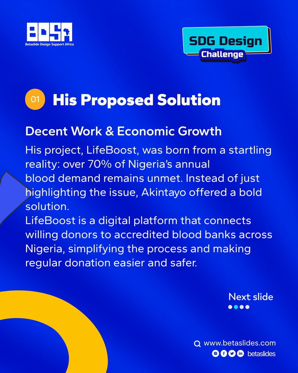betaslides_'s tweet image. Akintayo took on SDG 3 with LifeBoost — a powerful solution connecting blood donors to accredited blood banks across Nigeria. From simplifying appointments to educating users, his design bridges the gap between willingness and action.

#SDGChallenge #Betaslides