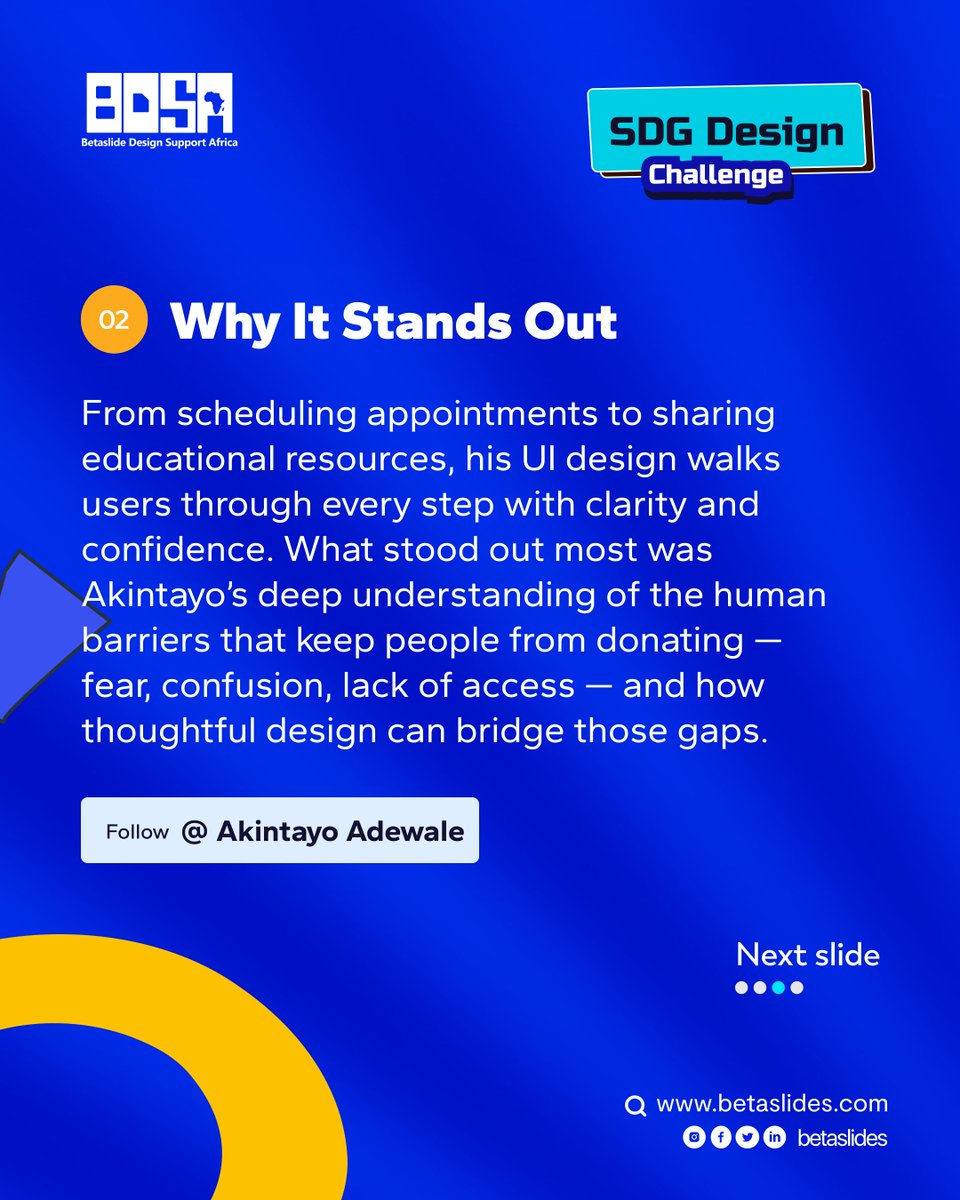 betaslides_'s tweet image. Akintayo took on SDG 3 with LifeBoost — a powerful solution connecting blood donors to accredited blood banks across Nigeria. From simplifying appointments to educating users, his design bridges the gap between willingness and action.

#SDGChallenge #Betaslides