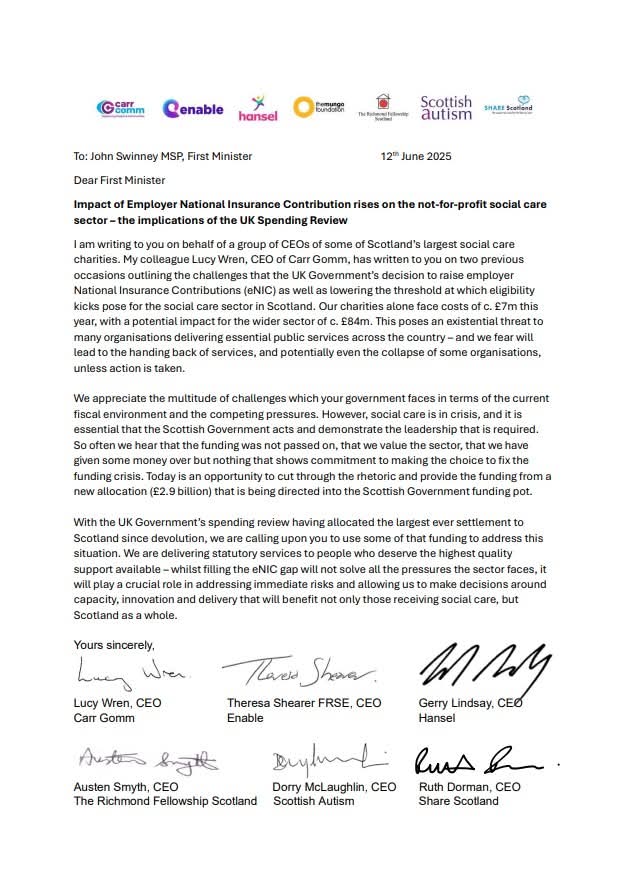 A fix is possible: A joint CEO letter to the First Minister on the impact of Employer National Insurance Contribution rises on the not-for-profit social care sector: the implications of the UK Spending Review.