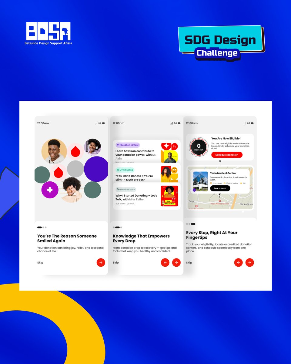 betaslides_'s tweet image. Akintayo took on SDG 3 with LifeBoost — a powerful solution connecting blood donors to accredited blood banks across Nigeria. From simplifying appointments to educating users, his design bridges the gap between willingness and action.

#SDGChallenge #Betaslides