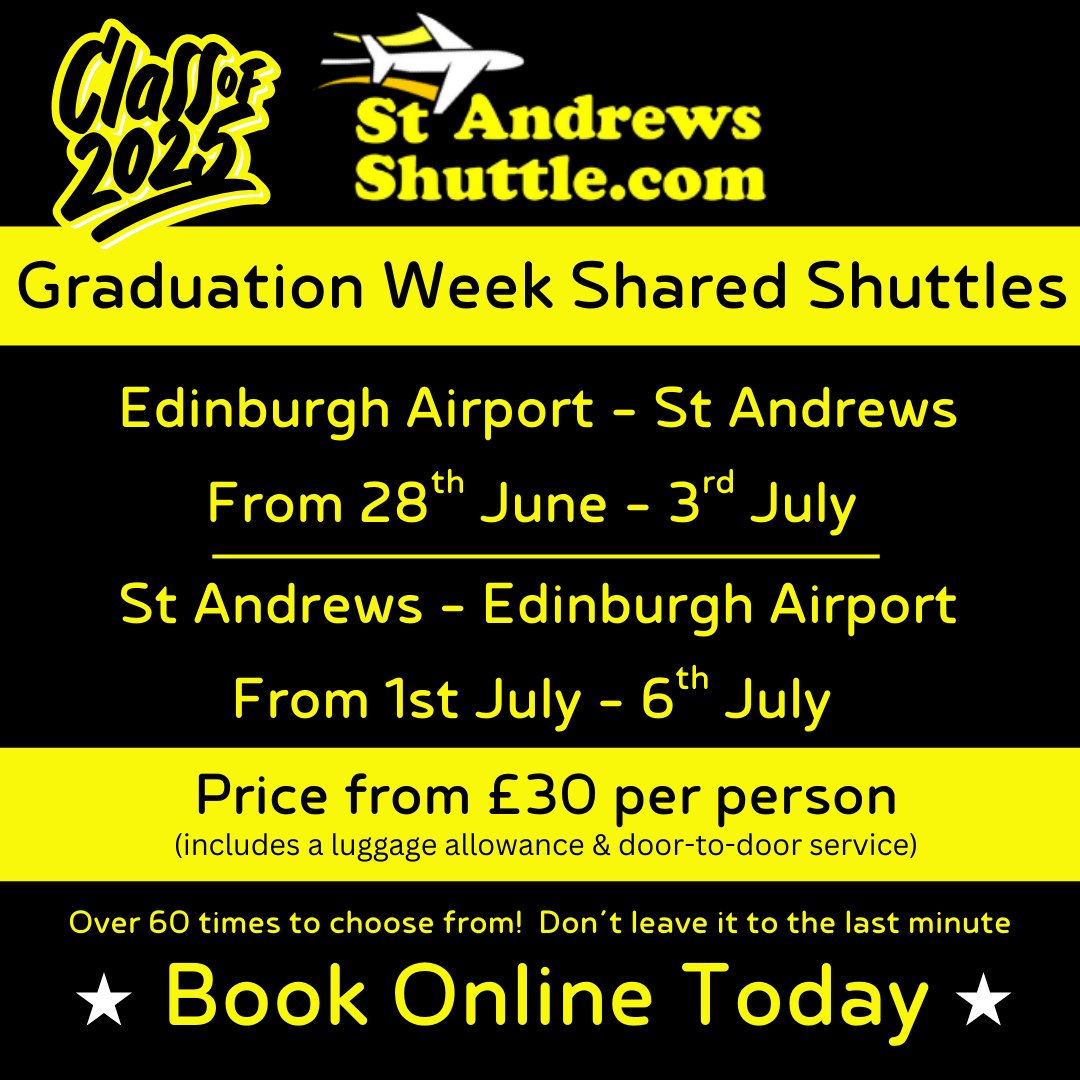 StAShuttle's tweet image. We are gearing up for Graduation! 🎓

Our Graduation Shared Shuttle timetable is on our website, head over to book your seat today!
#graduation #july #standrews #grad2025
standrewsshuttle.com/timetable