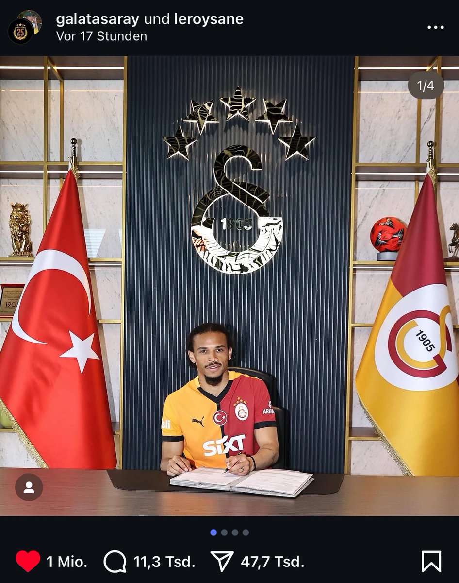 Bayern Münich‘de ortalama 100k beğeni alan Leroy Sane, Galatasaray paylaşımı ile 1 milyon beğeniye ulaştı. 🔥
