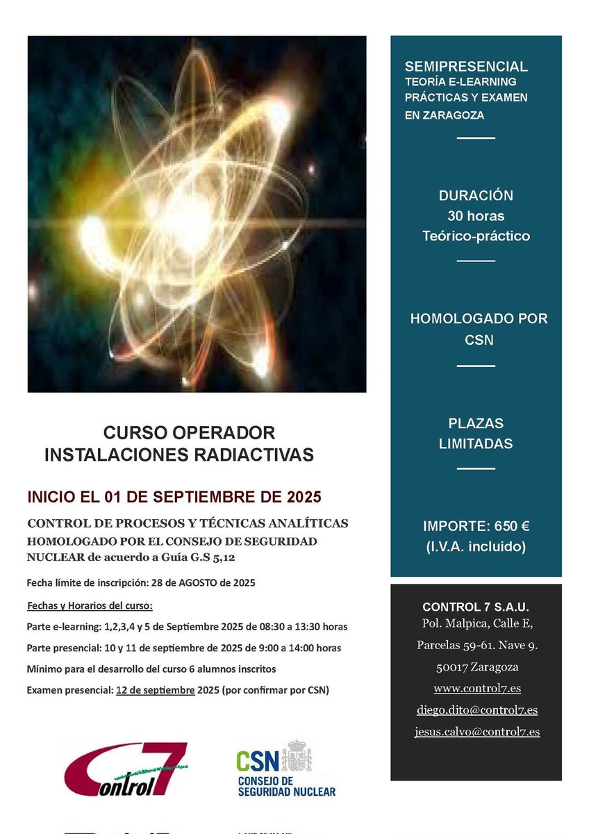 📢 ¡Gran noticia! Este julio lanzamos el curso homologado de Supervisor de Control de Procesos y Técnicas Analíticas (CPTA) 🎓
También abrimos inscripción para los cursos de Operador de CPTA y Medicina Nuclear (MN), ambos homologados por CSN.
¡No te lo pierdas! 🚀
#Formación #CSN