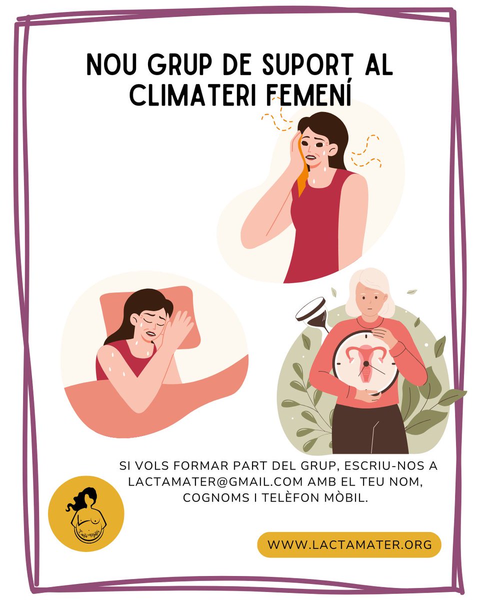 LactaMater's tweet photo. Nou grup de suport al climateri juntes, ja som 9 mares a Viladecans i Gavà. T’hi sumes? Escriu a lactamater@gmail.com Acompanyar-se és clau
#Climateri #DonesQueAcompanyen #LactaMater https://t.co/NyhnRrnpBM
