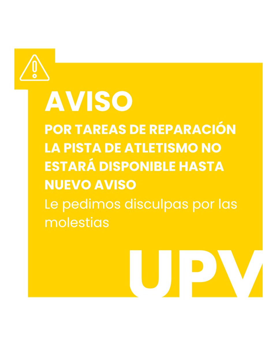 🏟️ Aviso importante | Pista de atletismo
Por tareas de reparación, la pista de atletismo permanecerá cerrada hasta nuevo aviso.

⚠️ Lamentamos las molestias y agradecemos vuestra comprensión.

#DeportesUPV #AvisoUPV #InstalacionesUPV