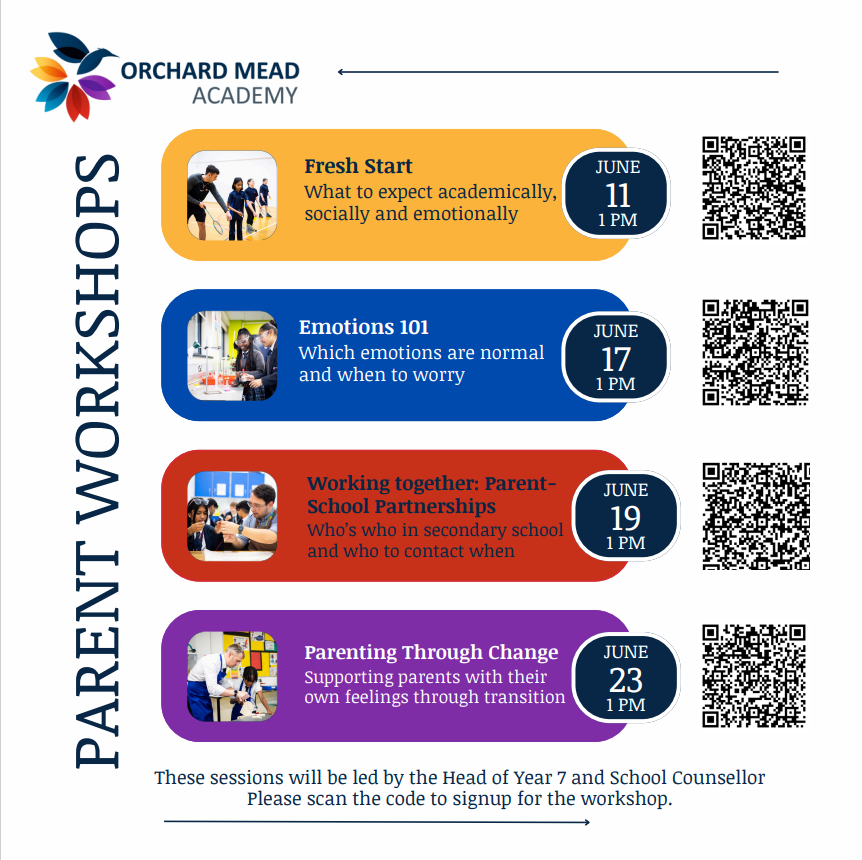 Join our free, interactive Transition Parent Workshops at Orchard Mead Academy— empower and support parents, explore emotions and build strong parent-school connections and much more, all led by our Head of Year 7 and School Counsellor! 🚀👪 Scan the QR code to secure your spot!