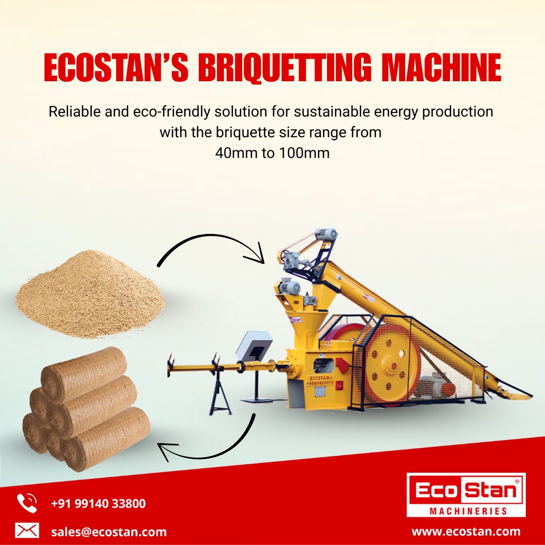 ecostanindia's tweet image. Looking for a reliable and eco-friendly way to manage agro-waste? The Ecostan® Briquetting Machine is your answer to #SustainableEnergy. It compresses biomass like sawdust, crop waste, and #CoconutShells into solid fuel #briquettes — reducing pollution and cutting fuel costs.