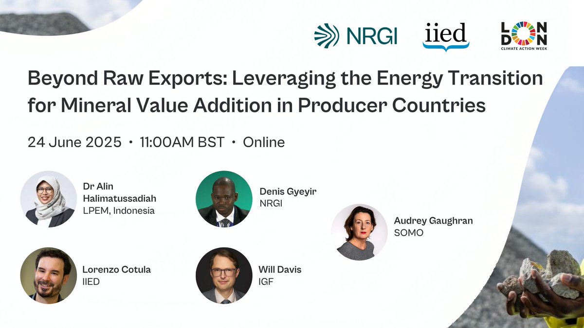 Natural Resource Governance Institute (@nrginstitute) on Twitter photo Can mineral-producing countries move beyond raw exports and capture more value from the energy transition?
Find out what’s shaping their options—from trade rules and policy choices to global demand—at #LCAW2025.
🕚 11 AM BST | 🗓️ 24 June | 💻 Online
🔗 resourcegovernance.org/events/beyond-… Can mineral-producing countries move beyond raw exports and capture more value from the energy transition?
Find out what’s shaping their options—from trade rules and policy choices to global demand—at #LCAW2025.
🕚 11 AM BST | 🗓️ 24 June | 💻 Online
🔗 resourcegovernance.org/events/beyond-…