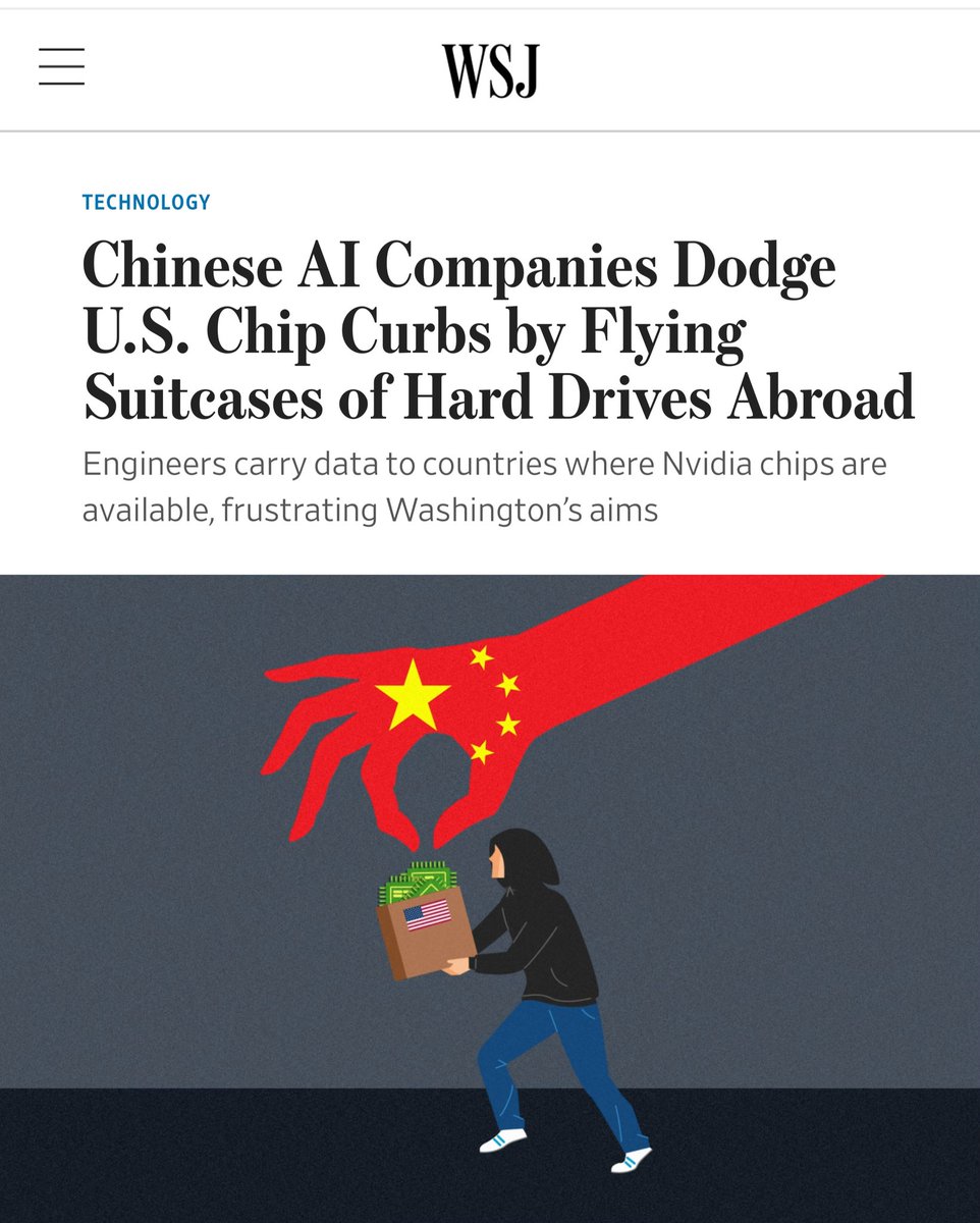 🚨 Chinese companies are bringing their data outside China so they can use American AI chips in places such as Southeast Asia and the Middle East.

In early March, four Chinese engineers flew to Malaysia from Beijing, each carrying a suitcase packed with 15 hard drives. The