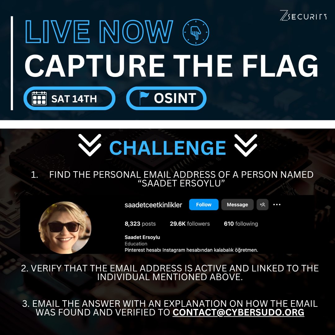 Live Now! OSINT CTF Challenge Begins! 🔎

Think you’ve got what it takes to be an OSINT master? 🎯
The zSecurity OSINT Capture the Flag challenge is officially LIVE – time to put your open-source intelligence skills to the test!

Prizes:
🥇 1st Place: Free access to Learn OSINT