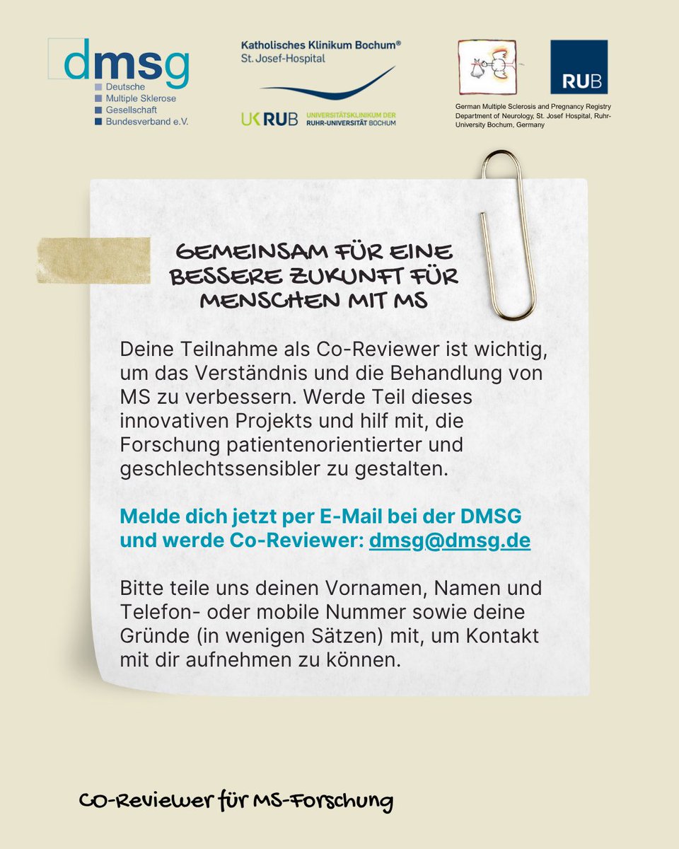 DMSG Bundesverband (@dmsg_bv) on Twitter photo Werde Co-Reviewer für MS-Forschung 👍 Melde dich jetzt per E-Mail an: dmsg@dmsg.de Bitte teile uns bei Interesse deinen Namen und Telefon- oder mobile Nummer sowie deine Gründe (in wenigen Sätzen) mit. #DMSGCommunity #MultipleSklerose #MenschmitMS #MSMeineStimme Werde Co-Reviewer für MS-Forschung 👍 Melde dich jetzt per E-Mail an: dmsg@dmsg.de Bitte teile uns bei Interesse deinen Namen und Telefon- oder mobile Nummer sowie deine Gründe (in wenigen Sätzen) mit. #DMSGCommunity #MultipleSklerose #MenschmitMS #MSMeineStimme