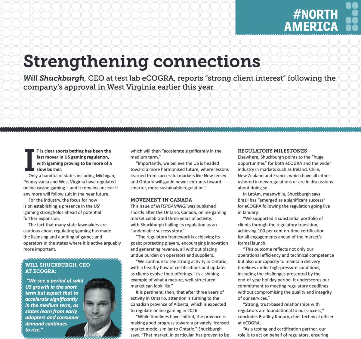 InterGame Ltd (@intergameltd) on Twitter photo 🗣️ Will Shuckburgh, CEO at test lab eCOGRA, reports "strong client interest" following the company's igaming approval in West Virginia.
Read here in iNTERGAMINGi Issue 3: ow.ly/zAQH50W1t5C
To be included in a future issue e-mail info@intergame.ltd.uk 🗣️ Will Shuckburgh, CEO at test lab eCOGRA, reports "strong client interest" following the company's igaming approval in West Virginia.
Read here in iNTERGAMINGi Issue 3: ow.ly/zAQH50W1t5C
To be included in a future issue e-mail info@intergame.ltd.uk