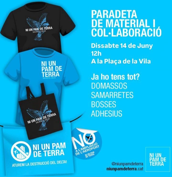 🌞 Bon dia! Us esperem demà al matí al Prat per la manifestació contra l'ampliació. Dia per venir amb barret, ulleres de sol, aigua per hidratar-se i efectiu per contribuir a la causa comprant merch de Ni un pam de terra! 👇