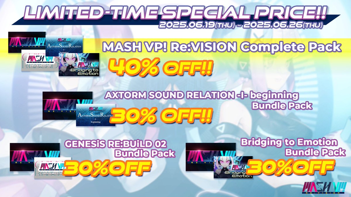 🌺Pre-Summer Sale：DLCバンドルセール開催のお知らせ！
6/19(木) PM12:00～ 6/26(木) AM11:59(JST/KST)
ゲーム本編＋DLCコンプリートセットなどの
ゲーム本編バンドルが期間限定で過去最大の割引率に！
本編とDLCをセットでお得に買うならチャンス！

▼Steamストアページ
store.steampowered.com/app/2928330?ut…